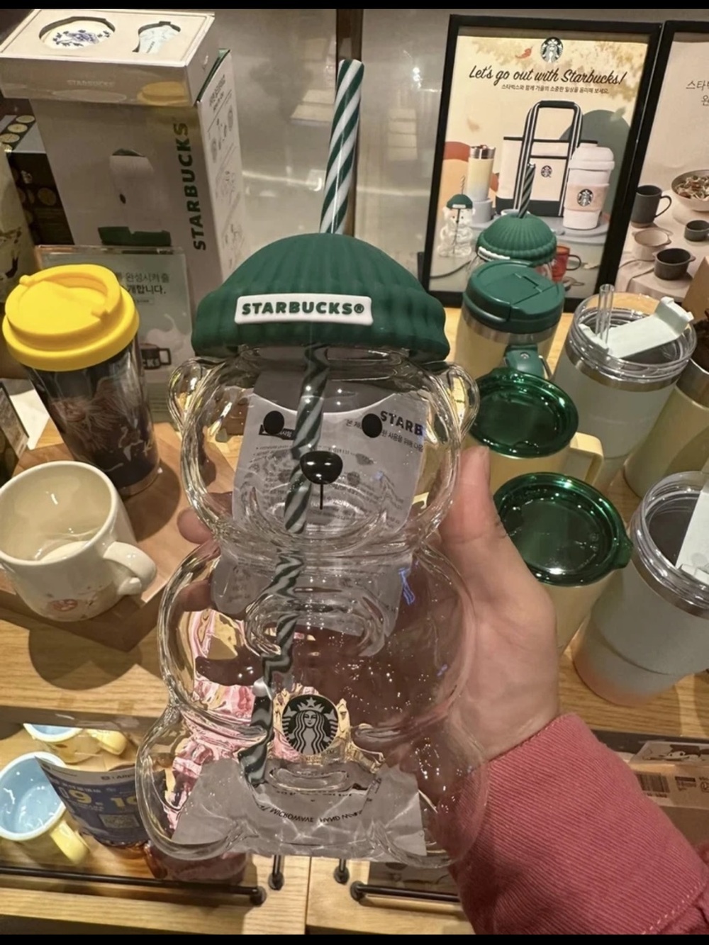 Starbucks Clear Bear Tumbler with Green Beanie and Striped Straw